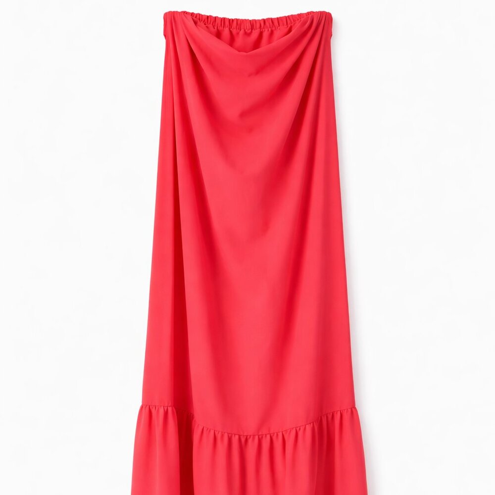 Pink Lily Coral Strapless Maxi Dress Flowy Tiered Hem